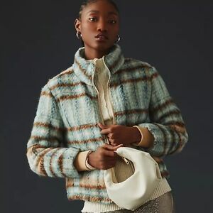 Anthropologie Brushed Plaid Puffer Bomber Jacket Women’s Size XS Wool Blend